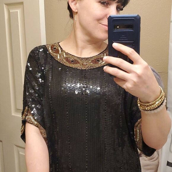 Vintage Sequin & Embroidered Silk Top with Dolman Sleeves by Justine Todd Size M - Picture 4 of 13